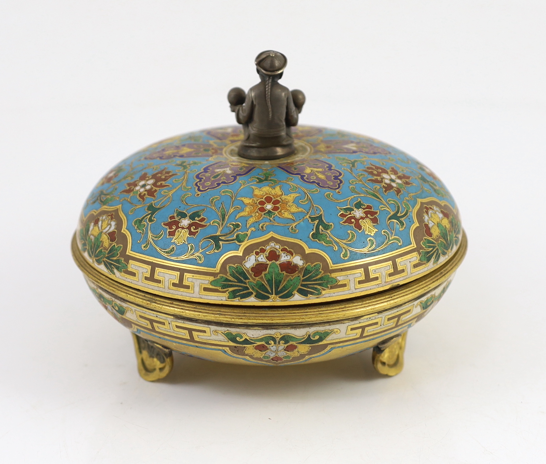 An unusual Elkington & Co. champlevé enamel chinoiserie dish and cover, c.1875, model no. 344